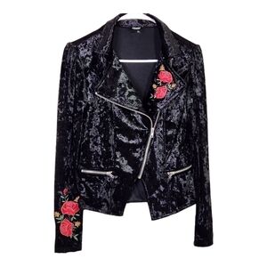 Disney Coco Moto Jacket Black Velvet Velour Embroidered Red Rose Juniors XS
